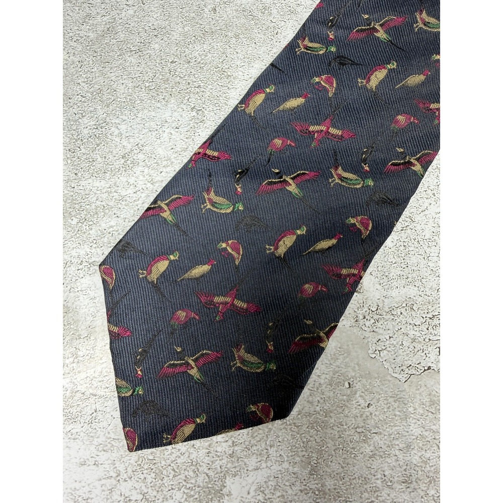 Allen Solly 100% Silk Tie Mens One Size Blue Animal Print Pointed Necktie Birds